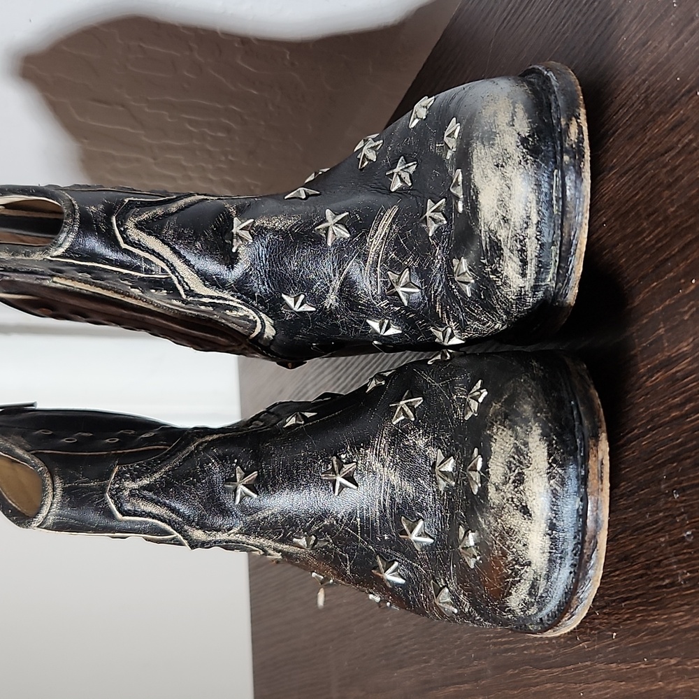 SENDRA Sara Raspado Black Star Studded Cowboy Boots  Distressed Side Zip 38 8 - Picture 9 of 15